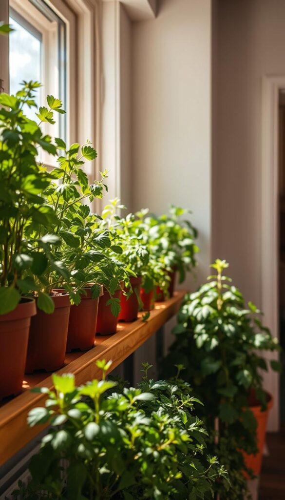 A cozy indoor garden filled with thriving herb plants, bathed in warm, natural lighting. The foreground features a variety of potted herbs, their leaves lush and vibrant, arranged neatly on a wooden shelf. The middle ground showcases a window, allowing soft, diffused sunlight to pour in, complementing the herbs' verdant hues. In the background, a simple, minimalist interior with clean, white walls, creating a serene and inviting atmosphere. The composition emphasizes the tranquil harmony between the herbs and their indoor environment, conveying the beauty and ease of cultivating flavorful herbs, even without direct sunlight. A cozy indoor garden filled with thriving herb plants, bathed in warm, natural lighting. The foreground features a variety of potted herbs, their leaves lush and vibrant, arranged neatly on a wooden shelf. The middle ground showcases a window, allowing soft, diffused sunlight to pour in, complementing the herbs' verdant hues. In the background, a simple, minimalist interior with clean, white walls, creating a serene and inviting atmosphere. The composition emphasizes the tranquil harmony between the herbs and their indoor environment, conveying the beauty and ease of cultivating flavorful herbs, even without direct sunlight.