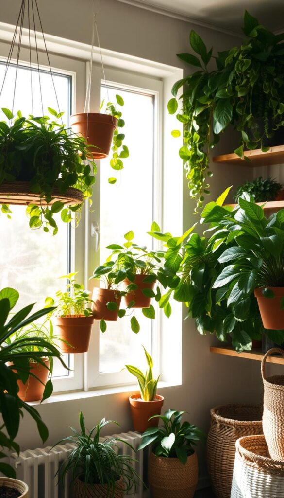 A cozy indoor garden scene bathed in warm, natural light from a large window. Lush, verdant houseplants of various sizes and species flourish on wooden shelves and in hanging planters. Sunlight streams through the glass, casting soft shadows and creating a serene, tranquil atmosphere. The scene is framed by a minimalist, Scandinavian-inspired interior with clean lines and neutral tones, placing the thriving greenery at the heart of the composition. Subtle hints of terracotta pots, copper accents, and woven baskets add texture and depth to the overall design. The entire image conveys the calming, therapeutic benefits of nurturing indoor plants under optimal lighting conditions.
