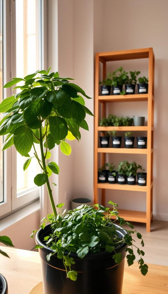 A cozy indoor garden scene, with a lush potted plant in the foreground, illuminated by warm, natural lighting from a nearby window. In the middle ground, a simple wooden shelving unit displays an assortment of small herb pots, each labeled with their zone and temperature requirements. The background showcases a minimalist, neutral-toned room, with clean lines and ample space to cultivate a thriving indoor herb garden, perfect for the winter months. A cozy indoor garden scene, with a lush potted plant in the foreground, illuminated by warm, natural lighting from a nearby window. In the middle ground, a simple wooden shelving unit displays an assortment of small herb pots, each labeled with their zone and temperature requirements. The background showcases a minimalist, neutral-toned room, with clean lines and ample space to cultivate a thriving indoor herb garden, perfect for the winter months.