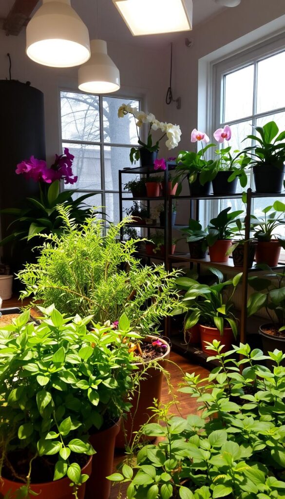 A cozy indoor garden with lush, thriving plants bathed in the warm glow of grow lights. The foreground features a variety of potted plants, including leafy ferns, vibrant succulents, and delicate trailing vines. The middle ground showcases a mix of flowering plants, such as orchids and begonias, arranged on tiered shelves. In the background, a large window allows natural light to filter in, creating a harmonious blend of artificial and natural illumination. The overall scene exudes a serene, inviting atmosphere, perfectly capturing the essence of a seasonal indoor garden.