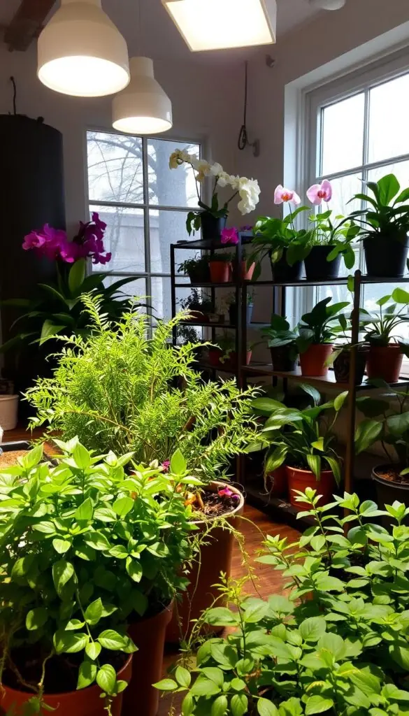 A cozy indoor garden with lush, thriving plants bathed in the warm glow of grow lights. The foreground features a variety of potted plants, including leafy ferns, vibrant succulents, and delicate trailing vines. The middle ground showcases a mix of flowering plants, such as orchids and begonias, arranged on tiered shelves. In the background, a large window allows natural light to filter in, creating a harmonious blend of artificial and natural illumination. The overall scene exudes a serene, inviting atmosphere, perfectly capturing the essence of a seasonal indoor garden. A cozy indoor garden with lush, thriving plants bathed in the warm glow of grow lights. The foreground features a variety of potted plants, including leafy ferns, vibrant succulents, and delicate trailing vines. The middle ground showcases a mix of flowering plants, such as orchids and begonias, arranged on tiered shelves. In the background, a large window allows natural light to filter in, creating a harmonious blend of artificial and natural illumination. The overall scene exudes a serene, inviting atmosphere, perfectly capturing the essence of a seasonal indoor garden.