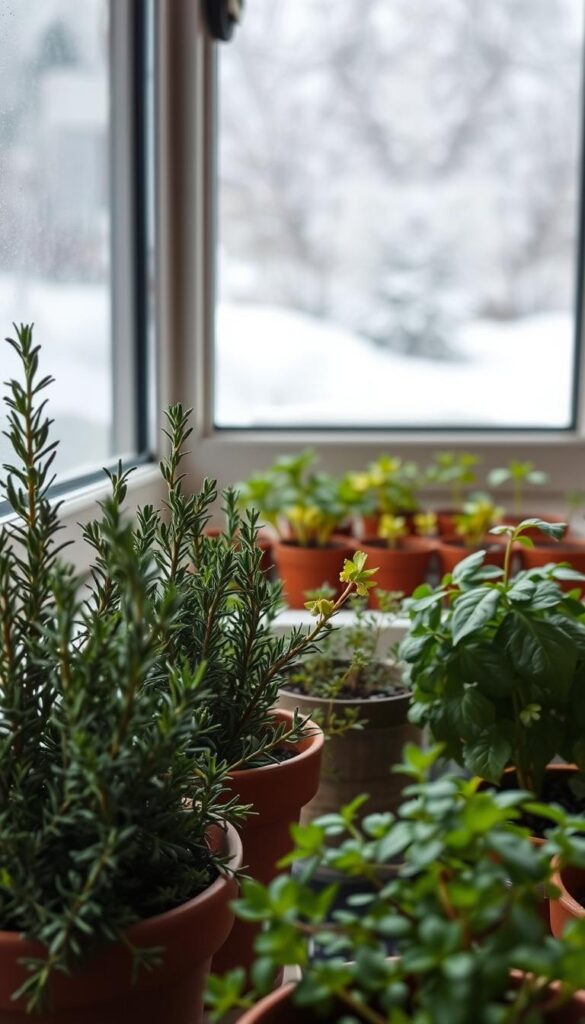A cozy indoor herb garden in the soft, diffused light of a winter day. In the foreground, lush clusters of fragrant rosemary, thyme, and oregano thrive in simple terracotta pots. The middle ground features a windowsill adorned with a row of herb seedlings reaching towards the natural sunlight. In the background, a blurred view of a snow-covered landscape outside the frosty window, conveying a sense of tranquility and comfort. The overall mood is one of rustic simplicity, warmth, and the promise of homegrown, flavorful herbs even in the coldest months. A cozy indoor herb garden in the soft, diffused light of a winter day. In the foreground, lush clusters of fragrant rosemary, thyme, and oregano thrive in simple terracotta pots. The middle ground features a windowsill adorned with a row of herb seedlings reaching towards the natural sunlight. In the background, a blurred view of a snow-covered landscape outside the frosty window, conveying a sense of tranquility and comfort. The overall mood is one of rustic simplicity, warmth, and the promise of homegrown, flavorful herbs even in the coldest months.