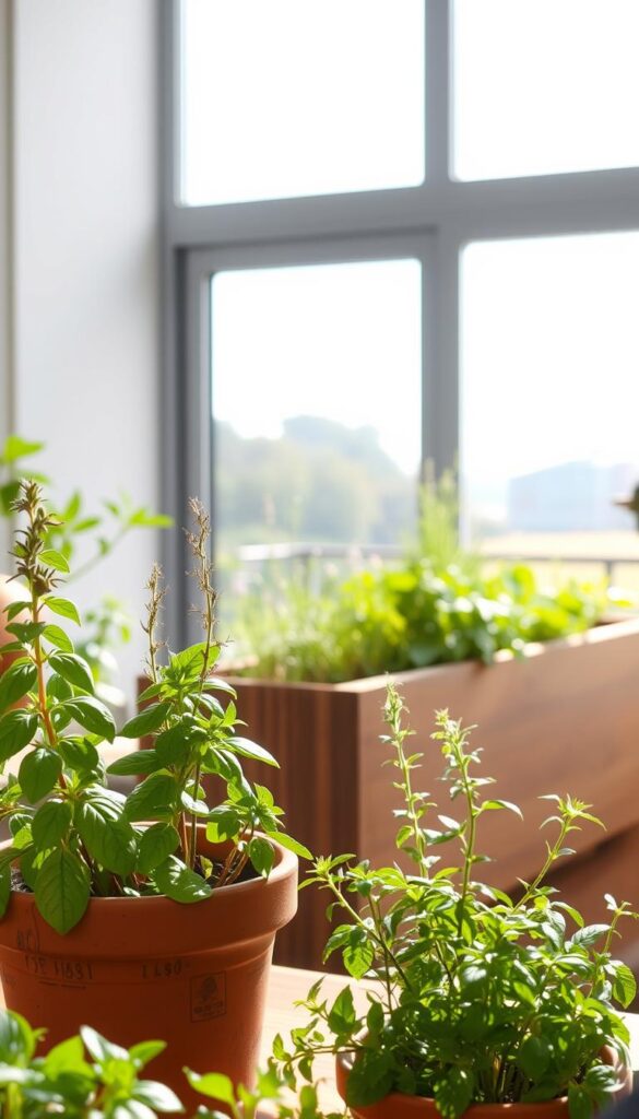 A cozy indoor herb garden thrives under soft, natural lighting. In the foreground, lush, verdant basil, rosemary, and thyme plants flourish in rustic terracotta pots. The middle ground features a sleek, minimalist wooden planter box housing an assortment of fragrant herbs, their delicate leaves gently swaying. In the background, a large, sun-dappled window overlooking a tranquil outdoor scene creates a harmonious, inviting atmosphere. The scene exudes a sense of serenity and hominess, perfectly capturing the essence of a simple, beautiful, and doable indoor herb oasis. A cozy indoor herb garden thrives under soft, natural lighting. In the foreground, lush, verdant basil, rosemary, and thyme plants flourish in rustic terracotta pots. The middle ground features a sleek, minimalist wooden planter box housing an assortment of fragrant herbs, their delicate leaves gently swaying. In the background, a large, sun-dappled window overlooking a tranquil outdoor scene creates a harmonious, inviting atmosphere. The scene exudes a sense of serenity and hominess, perfectly capturing the essence of a simple, beautiful, and doable indoor herb oasis.