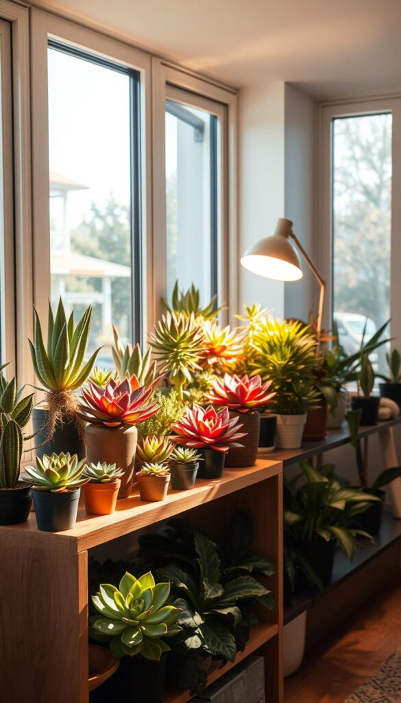 A cozy indoor oasis with an assortment of lush, thriving succulents arranged on a mid-century modern shelving unit. The succulents, in various shades of green, red, and purple, are bathed in warm, soft lighting from a nearby table lamp, casting gentle shadows that add depth and dimension to the scene. The shelves are made of natural wood, providing a rustic contrast to the sleek, minimalist decor. The room is bright and airy, with large windows allowing natural light to filter in and illuminate the plants. An overall sense of tranquility and low-maintenance beauty pervades the space, perfectly capturing the essence of caring for succulents indoors. A cozy indoor oasis with an assortment of lush, thriving succulents arranged on a mid-century modern shelving unit. The succulents, in various shades of green, red, and purple, are bathed in warm, soft lighting from a nearby table lamp, casting gentle shadows that add depth and dimension to the scene. The shelves are made of natural wood, providing a rustic contrast to the sleek, minimalist decor. The room is bright and airy, with large windows allowing natural light to filter in and illuminate the plants. An overall sense of tranquility and low-maintenance beauty pervades the space, perfectly capturing the essence of caring for succulents indoors.