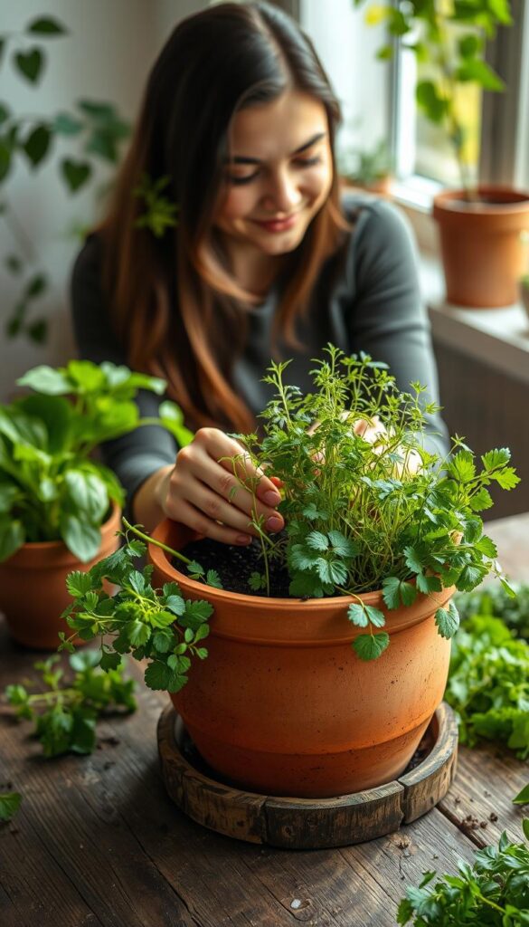 A cozy indoor scene of a person gently planting an assortment of fresh herbs in a large terracotta pot. The pot sits on a rustic wooden table, with a backdrop of lush greenery and natural light filtering in through a nearby window. The person's hands tenderly place the herb seedlings into the rich, dark soil, their face reflecting a peaceful focus. Soft, warm lighting bathes the scene, creating a serene and inviting atmosphere, perfect for cultivating thriving indoor herbs. The overall composition highlights the simple joy and satisfaction of nurturing these versatile plants. A cozy indoor scene of a person gently planting an assortment of fresh herbs in a large terracotta pot. The pot sits on a rustic wooden table, with a backdrop of lush greenery and natural light filtering in through a nearby window. The person's hands tenderly place the herb seedlings into the rich, dark soil, their face reflecting a peaceful focus. Soft, warm lighting bathes the scene, creating a serene and inviting atmosphere, perfect for cultivating thriving indoor herbs. The overall composition highlights the simple joy and satisfaction of nurturing these versatile plants.
