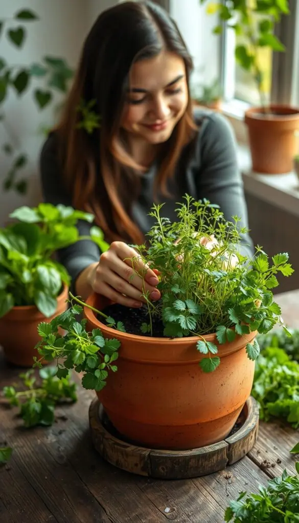 A cozy indoor scene of a person gently planting an assortment of fresh herbs in a large terracotta pot. The pot sits on a rustic wooden table, with a backdrop of lush greenery and natural light filtering in through a nearby window. The person's hands tenderly place the herb seedlings into the rich, dark soil, their face reflecting a peaceful focus. Soft, warm lighting bathes the scene, creating a serene and inviting atmosphere, perfect for cultivating thriving indoor herbs. The overall composition highlights the simple joy and satisfaction of nurturing these versatile plants. A cozy indoor scene of a person gently planting an assortment of fresh herbs in a large terracotta pot. The pot sits on a rustic wooden table, with a backdrop of lush greenery and natural light filtering in through a nearby window. The person's hands tenderly place the herb seedlings into the rich, dark soil, their face reflecting a peaceful focus. Soft, warm lighting bathes the scene, creating a serene and inviting atmosphere, perfect for cultivating thriving indoor herbs. The overall composition highlights the simple joy and satisfaction of nurturing these versatile plants.