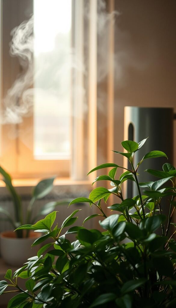 A cozy indoor scene showcasing the essence of humidity. In the foreground, a lush green houseplant thrives amidst a misty, atmospheric setting. Droplets of condensation cling to the leaves, creating a tranquil, soothing ambiance. The middle ground features a sleek, modern humidifier emitting a fine, misty vapor that fills the room. Warm, soft lighting from a nearby window bathes the scene in a gentle, embracing glow. The background features a simple, minimalist backdrop, allowing the focus to remain on the plant and the humidifier, the key elements that symbolize the importance of humidity for healthy, happy houseplants.