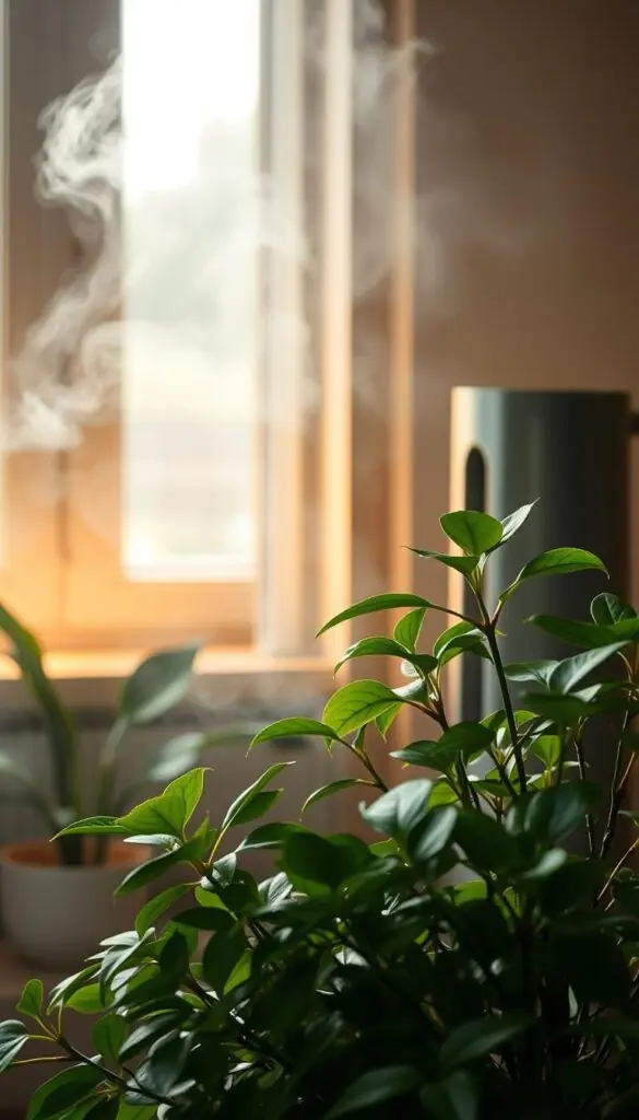 A cozy indoor scene showcasing the essence of humidity. In the foreground, a lush green houseplant thrives amidst a misty, atmospheric setting. Droplets of condensation cling to the leaves, creating a tranquil, soothing ambiance. The middle ground features a sleek, modern humidifier emitting a fine, misty vapor that fills the room. Warm, soft lighting from a nearby window bathes the scene in a gentle, embracing glow. The background features a simple, minimalist backdrop, allowing the focus to remain on the plant and the humidifier, the key elements that symbolize the importance of humidity for healthy, happy houseplants. A cozy indoor scene showcasing the essence of humidity. In the foreground, a lush green houseplant thrives amidst a misty, atmospheric setting. Droplets of condensation cling to the leaves, creating a tranquil, soothing ambiance. The middle ground features a sleek, modern humidifier emitting a fine, misty vapor that fills the room. Warm, soft lighting from a nearby window bathes the scene in a gentle, embracing glow. The background features a simple, minimalist backdrop, allowing the focus to remain on the plant and the humidifier, the key elements that symbolize the importance of humidity for healthy, happy houseplants.