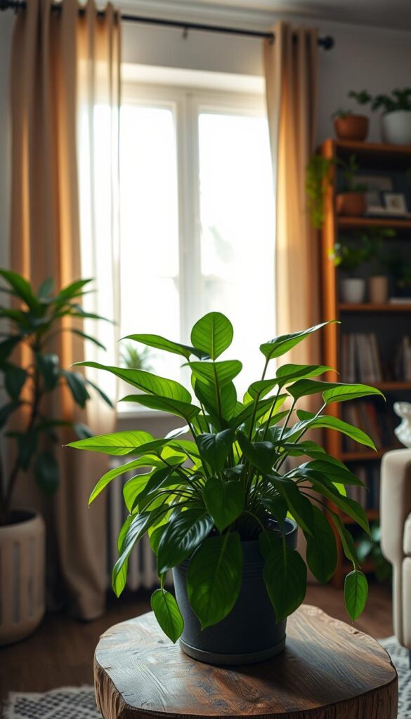 A cozy indoor scene showcasing the seasonal care required for a thriving shade-loving plant. In the foreground, a lush, verdant potted plant sits atop a rustic wooden side table, its broad leaves gently swaying in the soft, indirect lighting. The mid-ground features a large window, framed by sheer curtains, allowing a warm, diffused glow to illuminate the scene. In the background, a bookshelf laden with nature-inspired decor and a few scattered houseplants creates a serene, nature-inspired atmosphere. The overall mood is one of tranquility and nurturing, reflecting the careful attention needed to maintain healthy, low-light indoor plants throughout the changing seasons. A cozy indoor scene showcasing the seasonal care required for a thriving shade-loving plant. In the foreground, a lush, verdant potted plant sits atop a rustic wooden side table, its broad leaves gently swaying in the soft, indirect lighting. The mid-ground features a large window, framed by sheer curtains, allowing a warm, diffused glow to illuminate the scene. In the background, a bookshelf laden with nature-inspired decor and a few scattered houseplants creates a serene, nature-inspired atmosphere. The overall mood is one of tranquility and nurturing, reflecting the careful attention needed to maintain healthy, low-light indoor plants throughout the changing seasons.