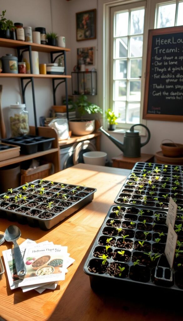 A cozy indoor seed starting station, bathed in soft natural light filtering through a large window. A wooden tabletop is adorned with rows of seedling trays, each filled with rich soil and tiny sprouts emerging. In the foreground, gardening tools and packets of heirloom seeds are neatly arranged, conveying a sense of organization and preparation. The background features shelves with potting supplies, a watering can, and a vintage chalkboard displaying planting instructions. The overall atmosphere is one of tranquility, anticipation, and the promise of a bountiful garden to come. A cozy indoor seed starting station, bathed in soft natural light filtering through a large window. A wooden tabletop is adorned with rows of seedling trays, each filled with rich soil and tiny sprouts emerging. In the foreground, gardening tools and packets of heirloom seeds are neatly arranged, conveying a sense of organization and preparation. The background features shelves with potting supplies, a watering can, and a vintage chalkboard displaying planting instructions. The overall atmosphere is one of tranquility, anticipation, and the promise of a bountiful garden to come.