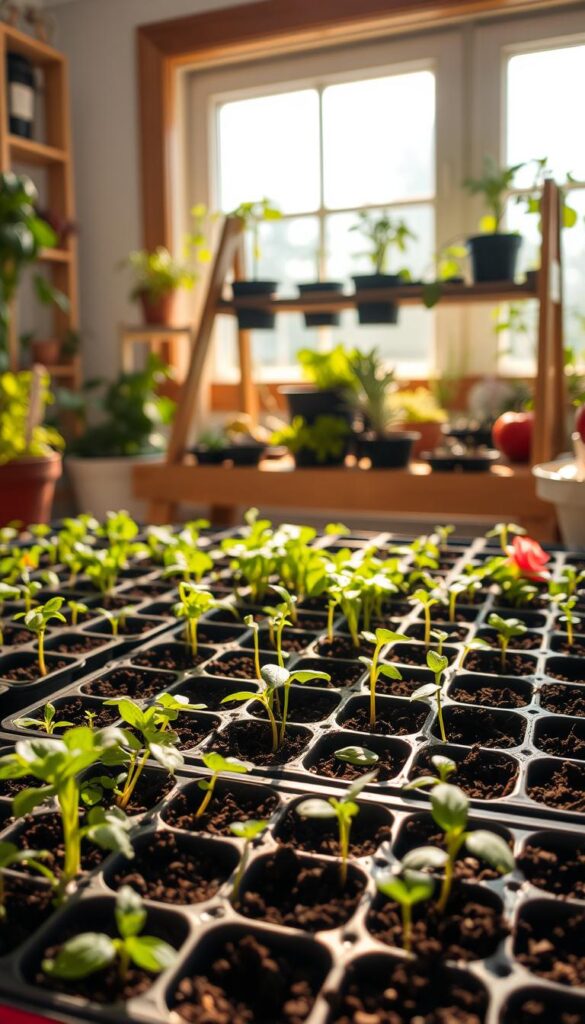 A cozy indoor seed-starting station, bathed in warm, natural light from a large window. In the foreground, a tidy array of small seed trays and containers, each filled with rich, dark soil. Delicate seedlings of leafy greens, herbs, and vibrant flowers peek out, their tender leaves reaching towards the sun. In the middle ground, a sturdy, wooden plant stand holds an assortment of larger pots, each hosting the early growth of tomatoes, peppers, and other vegetable starts. The background is softly blurred, hinting at the promise of a thriving outdoor garden to come. An air of patient anticipation and careful nurturing pervades the scene. A cozy indoor seed-starting station, bathed in warm, natural light from a large window. In the foreground, a tidy array of small seed trays and containers, each filled with rich, dark soil. Delicate seedlings of leafy greens, herbs, and vibrant flowers peek out, their tender leaves reaching towards the sun. In the middle ground, a sturdy, wooden plant stand holds an assortment of larger pots, each hosting the early growth of tomatoes, peppers, and other vegetable starts. The background is softly blurred, hinting at the promise of a thriving outdoor garden to come. An air of patient anticipation and careful nurturing pervades the scene.