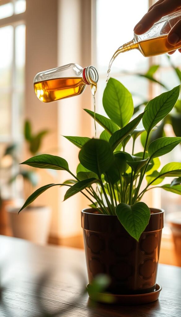A cozy indoor setting with a thriving potted plant in the foreground, its leaves gently unfurling as the plant receives a gentle stream of liquid fertilizer from an elegant glass bottle. The lighting is warm and natural, filtering through large windows and casting a soft glow on the scene. The background is blurred, hinting at a serene, minimal interior design, allowing the plant and the act of nourishing it to be the focal point. The composition is carefully balanced, with the plant positioned slightly off-center to create visual interest. The overall mood is one of mindful, attentive care, reflecting the delicate balance of factors that contribute to healthy indoor plant growth. A cozy indoor setting with a thriving potted plant in the foreground, its leaves gently unfurling as the plant receives a gentle stream of liquid fertilizer from an elegant glass bottle. The lighting is warm and natural, filtering through large windows and casting a soft glow on the scene. The background is blurred, hinting at a serene, minimal interior design, allowing the plant and the act of nourishing it to be the focal point. The composition is carefully balanced, with the plant positioned slightly off-center to create visual interest. The overall mood is one of mindful, attentive care, reflecting the delicate balance of factors that contribute to healthy indoor plant growth.