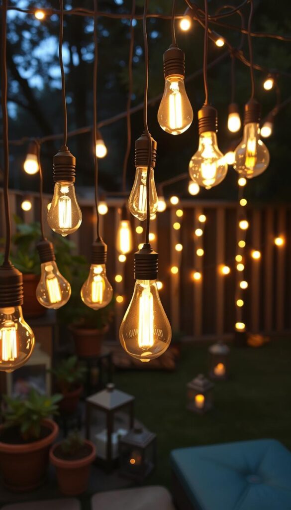 A cozy, intimate backyard setting, bathed in the warm glow of string lights adorned with a variety of decorative light bulbs. In the foreground, an assortment of bulbs in different shapes, sizes, and finishes - classic Edison-style, globe, and even vintage-inspired filament bulbs - hang elegantly from the strings, casting a soft, ambient light. The middle ground features potted plants, small lanterns, and other natural decor elements that complement the bulb-centric aesthetic. In the background, a fence or trellis is draped with additional strings of lights, creating a sense of depth and a magical, enchanting atmosphere. The lighting is soft and inviting, with a subtle interplay of shadows and highlights that add depth and dimension to the scene. A cozy, intimate backyard setting, bathed in the warm glow of string lights adorned with a variety of decorative light bulbs. In the foreground, an assortment of bulbs in different shapes, sizes, and finishes - classic Edison-style, globe, and even vintage-inspired filament bulbs - hang elegantly from the strings, casting a soft, ambient light. The middle ground features potted plants, small lanterns, and other natural decor elements that complement the bulb-centric aesthetic. In the background, a fence or trellis is draped with additional strings of lights, creating a sense of depth and a magical, enchanting atmosphere. The lighting is soft and inviting, with a subtle interplay of shadows and highlights that add depth and dimension to the scene.