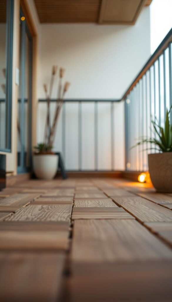 A cozy, intimate balcony floor with a warm, natural aesthetic. Close-up view of a balcony floor covered in interlocking deck tiles, their wooden grain and texture visible. The tiles are arranged in a harmonious, visually appealing pattern, creating a seamless, inviting surface. Soft, indirect lighting casts a gentle glow, enhancing the organic feel of the space. The angle captures the floor in detail, showcasing its practical and decorative qualities as the focal point. An atmospheric, welcoming scene that inspires thoughts of relaxation and outdoor enjoyment. A cozy, intimate balcony floor with a warm, natural aesthetic. Close-up view of a balcony floor covered in interlocking deck tiles, their wooden grain and texture visible. The tiles are arranged in a harmonious, visually appealing pattern, creating a seamless, inviting surface. Soft, indirect lighting casts a gentle glow, enhancing the organic feel of the space. The angle captures the floor in detail, showcasing its practical and decorative qualities as the focal point. An atmospheric, welcoming scene that inspires thoughts of relaxation and outdoor enjoyment.