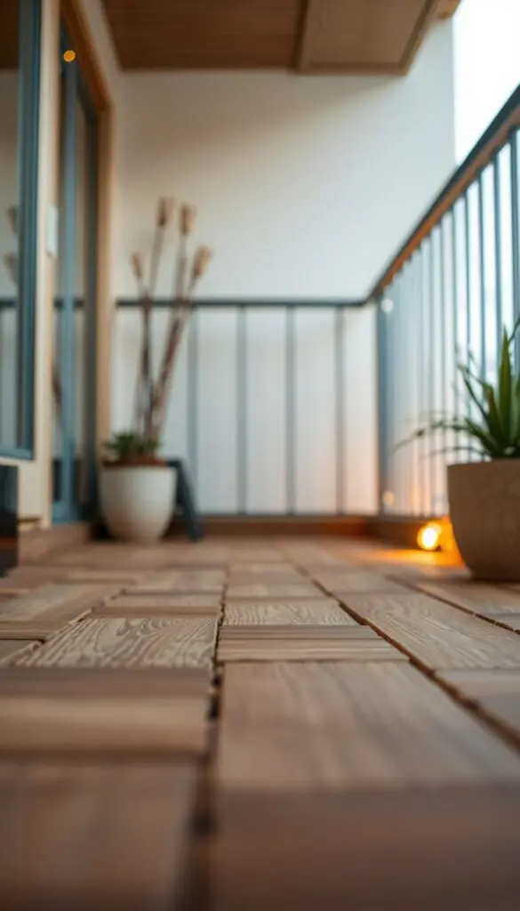 A cozy, intimate balcony floor with a warm, natural aesthetic. Close-up view of a balcony floor covered in interlocking deck tiles, their wooden grain and texture visible. The tiles are arranged in a harmonious, visually appealing pattern, creating a seamless, inviting surface. Soft, indirect lighting casts a gentle glow, enhancing the organic feel of the space. The angle captures the floor in detail, showcasing its practical and decorative qualities as the focal point. An atmospheric, welcoming scene that inspires thoughts of relaxation and outdoor enjoyment. A cozy, intimate balcony floor with a warm, natural aesthetic. Close-up view of a balcony floor covered in interlocking deck tiles, their wooden grain and texture visible. The tiles are arranged in a harmonious, visually appealing pattern, creating a seamless, inviting surface. Soft, indirect lighting casts a gentle glow, enhancing the organic feel of the space. The angle captures the floor in detail, showcasing its practical and decorative qualities as the focal point. An atmospheric, welcoming scene that inspires thoughts of relaxation and outdoor enjoyment.