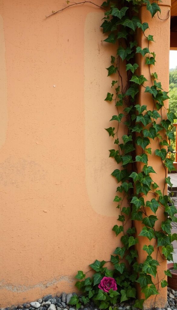 A cozy, inviting exterior texture featuring a weathered, painted concrete wall with a subtle, undulating surface. The textured finish has a warm, earthy tone that catches the soft, diffused light, creating a tactile, welcoming atmosphere. In the foreground, the wall is adorned with a lush, cascading ivy, its vines and leaves adding depth and natural contrast. The middle ground showcases a mix of rough and smooth textures, with pebbles and small stones embedded in the concrete, while the background features a glimpse of a lush, verdant landscape, hinting at the tranquil setting beyond. The overall scene evokes a sense of rustic charm and invites the viewer to reach out and touch the textured surface. A cozy, inviting exterior texture featuring a weathered, painted concrete wall with a subtle, undulating surface. The textured finish has a warm, earthy tone that catches the soft, diffused light, creating a tactile, welcoming atmosphere. In the foreground, the wall is adorned with a lush, cascading ivy, its vines and leaves adding depth and natural contrast. The middle ground showcases a mix of rough and smooth textures, with pebbles and small stones embedded in the concrete, while the background features a glimpse of a lush, verdant landscape, hinting at the tranquil setting beyond. The overall scene evokes a sense of rustic charm and invites the viewer to reach out and touch the textured surface.