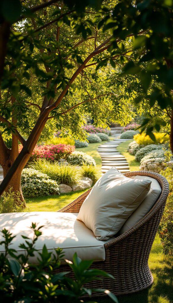 A cozy, inviting garden lounge chair nestled in a lush, verdant setting. The chair is made of woven rattan with plush, oversized cushions in a soothing neutral palette. Dappled sunlight filters through the canopy of mature trees, casting a warm, golden glow on the scene. In the background, a glimpse of a stone path winding through a carefully tended garden, dotted with vibrant blooms. The overall atmosphere is one of tranquility and relaxation, beckoning the viewer to sink into the chair and unwind.