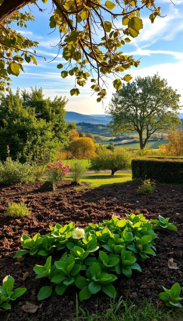 A cozy, inviting garden scene in warm autumn light. In the foreground, a bed of lasagna-layered soil, rich and inviting, with vibrant green leaves and colorful flowers cascading over the edges. In the middle ground, lush shrubs and trees frame the scene, their branches reaching out. The background features a picturesque countryside landscape, rolling hills, and a clear blue sky with wispy clouds. The lighting is soft and diffused, creating a serene, tranquil atmosphere. A perfect setting for planning and preparing a new flower bed to welcome the winter season. A cozy, inviting garden scene in warm autumn light. In the foreground, a bed of lasagna-layered soil, rich and inviting, with vibrant green leaves and colorful flowers cascading over the edges. In the middle ground, lush shrubs and trees frame the scene, their branches reaching out. The background features a picturesque countryside landscape, rolling hills, and a clear blue sky with wispy clouds. The lighting is soft and diffused, creating a serene, tranquil atmosphere. A perfect setting for planning and preparing a new flower bed to welcome the winter season.