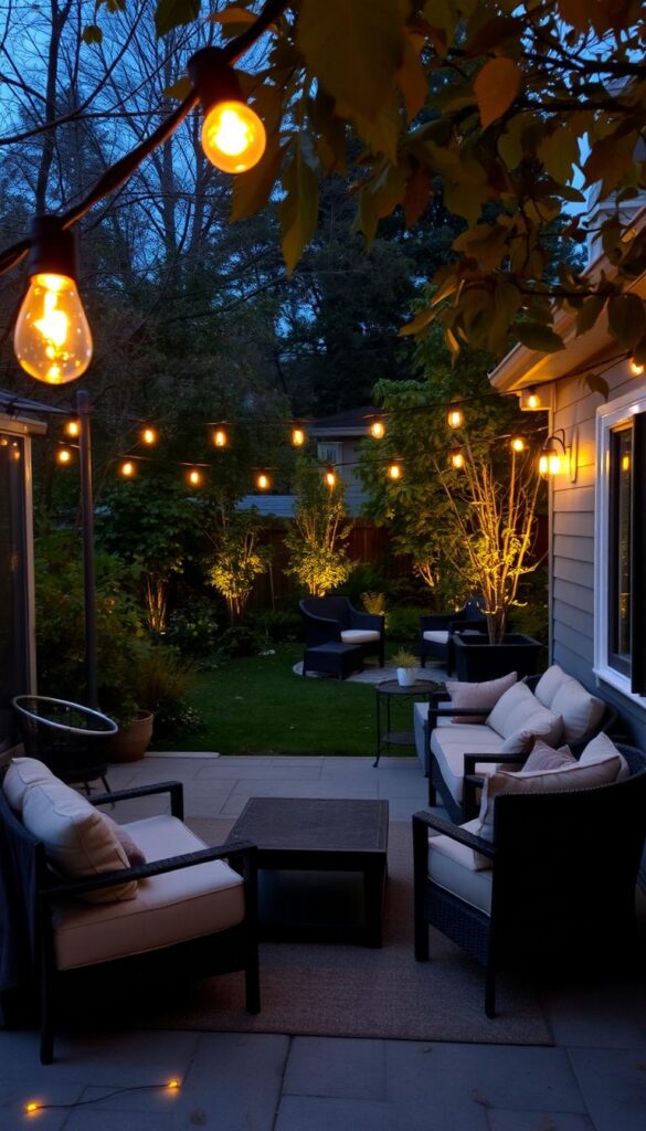 A cozy, inviting patio scene on a cool autumn evening. In the foreground, a series of warm, glowing string lights are strung across the space, their soft illumination casting a gentle, intimate atmosphere. The middle ground features a collection of plush outdoor furniture, inviting guests to relax and unwind. In the background, a lush, verdant garden provides a natural, welcoming backdrop, complemented by the subtle glow of additional lighting fixtures along the perimeter. The overall mood is one of comfort, tranquility, and the simple pleasures of an evening spent outdoors during the fall season.