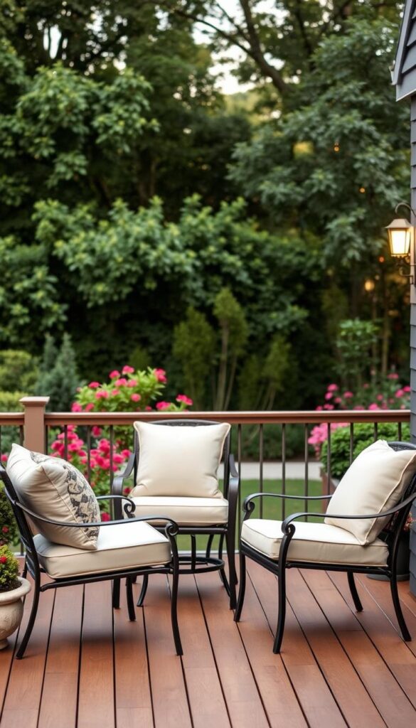A cozy, inviting patio scene with three stylish yet affordable patio chairs arranged in a conversational grouping on a wooden deck. The chairs are made of durable, weather-resistant materials like wicker or painted metal, with plush, coordinated cushions in a neutral palette that adds a touch of comfort and sophistication. Soft, warm lighting from outdoor sconces casts a gentle glow, creating a welcoming ambiance. The background features lush, verdant foliage and a glimpse of a vibrant garden, completing the serene, relaxing atmosphere. The composition is well-balanced, showcasing the chairs as the focal point while seamlessly integrating the surrounding elements. A cozy, inviting patio scene with three stylish yet affordable patio chairs arranged in a conversational grouping on a wooden deck. The chairs are made of durable, weather-resistant materials like wicker or painted metal, with plush, coordinated cushions in a neutral palette that adds a touch of comfort and sophistication. Soft, warm lighting from outdoor sconces casts a gentle glow, creating a welcoming ambiance. The background features lush, verdant foliage and a glimpse of a vibrant garden, completing the serene, relaxing atmosphere. The composition is well-balanced, showcasing the chairs as the focal point while seamlessly integrating the surrounding elements.