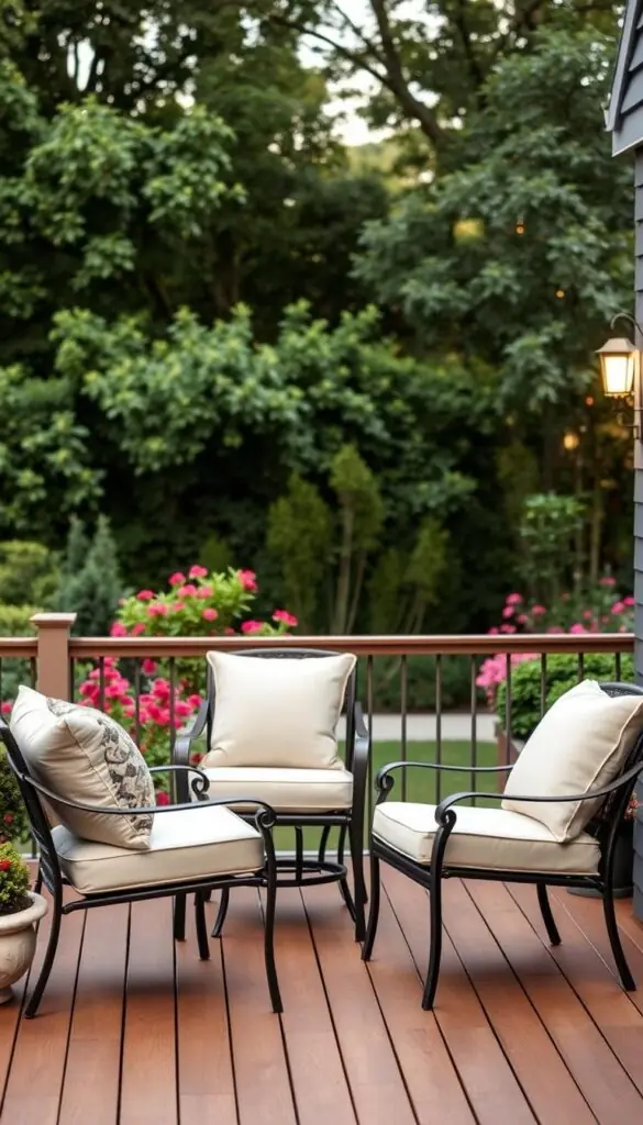 A cozy, inviting patio scene with three stylish yet affordable patio chairs arranged in a conversational grouping on a wooden deck. The chairs are made of durable, weather-resistant materials like wicker or painted metal, with plush, coordinated cushions in a neutral palette that adds a touch of comfort and sophistication. Soft, warm lighting from outdoor sconces casts a gentle glow, creating a welcoming ambiance. The background features lush, verdant foliage and a glimpse of a vibrant garden, completing the serene, relaxing atmosphere. The composition is well-balanced, showcasing the chairs as the focal point while seamlessly integrating the surrounding elements.