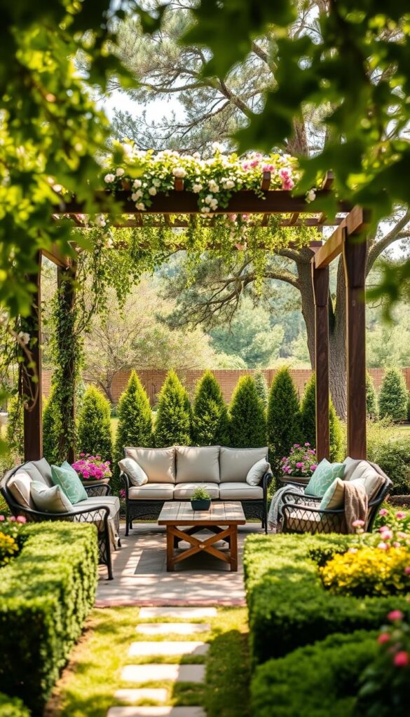 A cozy, inviting seating area nestled in a lush, verdant backyard. In the foreground, a comfortable outdoor sofa and armchairs arranged around a rustic coffee table, inviting relaxation. Behind it, a pergola adorned with cascading vines and flowers, casting a warm, dappled light. In the middle ground, neatly trimmed hedges and flowerbeds border the seating area, creating a sense of enclosure and privacy. In the background, towering trees sway gently, framing the scene and connecting the space to the natural world. The overall atmosphere is one of tranquility and relaxation, perfectly suited for an article on backyard landscaping for beginners. A cozy, inviting seating area nestled in a lush, verdant backyard. In the foreground, a comfortable outdoor sofa and armchairs arranged around a rustic coffee table, inviting relaxation. Behind it, a pergola adorned with cascading vines and flowers, casting a warm, dappled light. In the middle ground, neatly trimmed hedges and flowerbeds border the seating area, creating a sense of enclosure and privacy. In the background, towering trees sway gently, framing the scene and connecting the space to the natural world. The overall atmosphere is one of tranquility and relaxation, perfectly suited for an article on backyard landscaping for beginners.