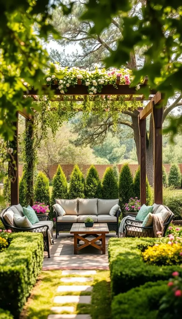 A cozy, inviting seating area nestled in a lush, verdant backyard. In the foreground, a comfortable outdoor sofa and armchairs arranged around a rustic coffee table, inviting relaxation. Behind it, a pergola adorned with cascading vines and flowers, casting a warm, dappled light. In the middle ground, neatly trimmed hedges and flowerbeds border the seating area, creating a sense of enclosure and privacy. In the background, towering trees sway gently, framing the scene and connecting the space to the natural world. The overall atmosphere is one of tranquility and relaxation, perfectly suited for an article on backyard landscaping for beginners. A cozy, inviting seating area nestled in a lush, verdant backyard. In the foreground, a comfortable outdoor sofa and armchairs arranged around a rustic coffee table, inviting relaxation. Behind it, a pergola adorned with cascading vines and flowers, casting a warm, dappled light. In the middle ground, neatly trimmed hedges and flowerbeds border the seating area, creating a sense of enclosure and privacy. In the background, towering trees sway gently, framing the scene and connecting the space to the natural world. The overall atmosphere is one of tranquility and relaxation, perfectly suited for an article on backyard landscaping for beginners.