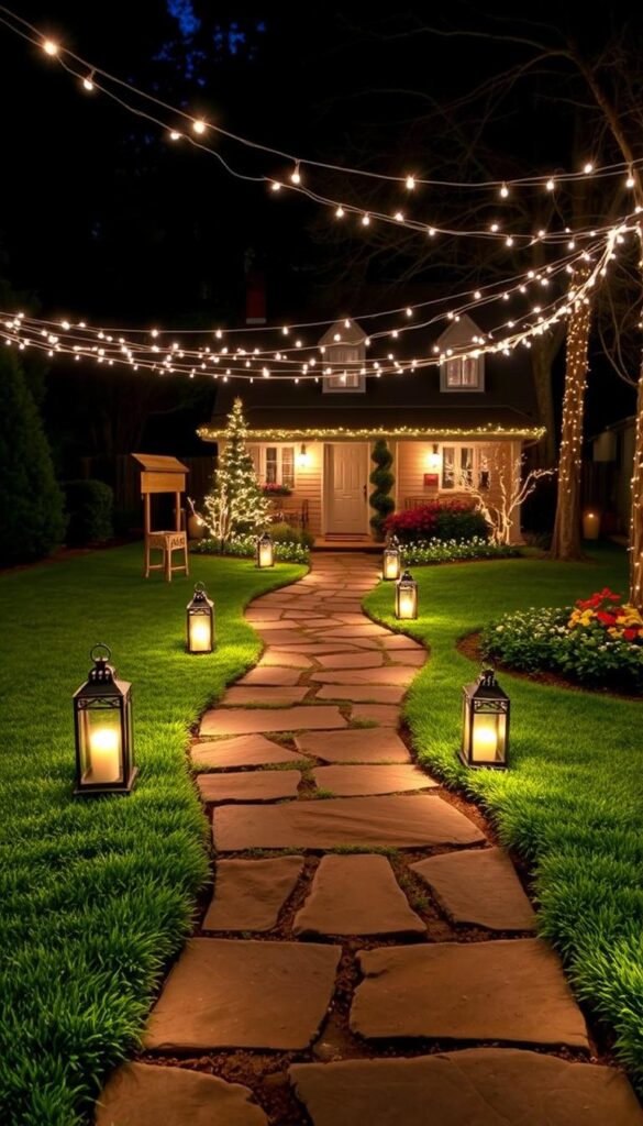 A cozy, inviting yard plan for holiday garden lights. A lush, well-manicured lawn with a meandering stone path leading to a charming cottage-style home. Strategically placed lanterns and string lights along the path, casting a warm, soft glow. Decorative hedges and flowerbeds flank the path, adding depth and texture. Overhead, a canopy of twinkling fairy lights creates a magical, welcoming atmosphere. The lighting is carefully balanced, with a focus on creating a sense of coziness and comfort. A serene, tranquil scene that invites the viewer to step inside and experience the holiday cheer. A cozy, inviting yard plan for holiday garden lights. A lush, well-manicured lawn with a meandering stone path leading to a charming cottage-style home. Strategically placed lanterns and string lights along the path, casting a warm, soft glow. Decorative hedges and flowerbeds flank the path, adding depth and texture. Overhead, a canopy of twinkling fairy lights creates a magical, welcoming atmosphere. The lighting is carefully balanced, with a focus on creating a sense of coziness and comfort. A serene, tranquil scene that invites the viewer to step inside and experience the holiday cheer.