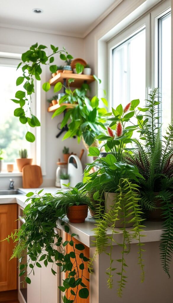 A cozy kitchen interior, softly lit by natural daylight filtering through a large window. On the kitchen counter, an array of low-light thriving houseplants in various shades of green, with occasional pops of color from blooming flowers. The plants are artfully arranged, adding texture and visual interest to the space. A mix of leafy pothos, compact snake plants, and delicate ferns cascade over the counter's edge. Warm wooden accents complement the greenery, creating a harmonious and inviting atmosphere. The camera angle captures the plants at eye level, showcasing their lush foliage and vibrant hues against the neutral kitchen backdrop.