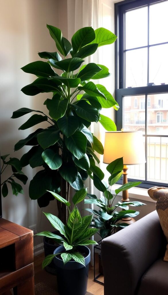 A cozy living room corner with a curated arrangement of lush, seasonal houseplants. In the foreground, a verdant fiddle-leaf fig tree stands tall, its broad leaves casting gentle shadows. In the middle ground, a potted snake plant and a vibrant peace lily create a layered display, complemented by the warm glow of a table lamp. In the background, a window frames a view of the changing outdoor scenery, reflecting the seasonal transition. The overall scene evokes a sense of harmony, inviting the viewer to pause and appreciate the natural beauty within the home.