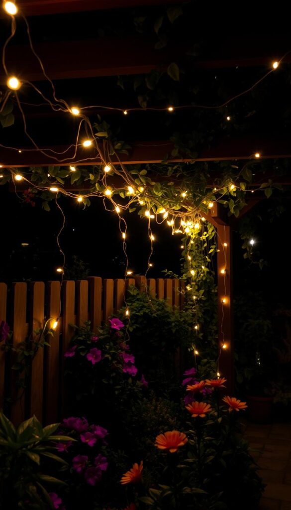 A cozy nighttime patio, illuminated by a delicate web of string lights gently cascading over a lush pergola. Soft, warm light emanates from the bulbs, casting a magical glow that highlights the vibrant blooms and greenery below. The lights wind their way along the fence line, creating a glowing, intimate ambiance perfect for a serene garden retreat. Captured with a wide-angle lens to showcase the enveloping atmosphere, the image conveys a sense of tranquility and wonder, inviting the viewer to step into this enchanting oasis. A cozy nighttime patio, illuminated by a delicate web of string lights gently cascading over a lush pergola. Soft, warm light emanates from the bulbs, casting a magical glow that highlights the vibrant blooms and greenery below. The lights wind their way along the fence line, creating a glowing, intimate ambiance perfect for a serene garden retreat. Captured with a wide-angle lens to showcase the enveloping atmosphere, the image conveys a sense of tranquility and wonder, inviting the viewer to step into this enchanting oasis.