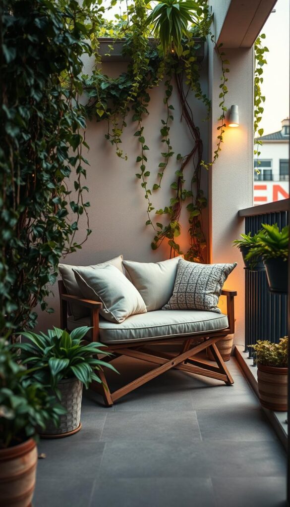 A cozy nook on a small balcony, featuring a compact, foldable settee adorned with plush cushions. The settee is positioned against a backdrop of lush greenery, with trailing vines and potted plants creating a serene, nature-inspired ambiance. Warm, soft lighting illuminates the scene, casting a gentle glow and inviting the viewer to relax and unwind. The composition emphasizes the efficient use of space, showcasing how a versatile, space-saving seating solution can transform a limited outdoor area into a charming and functional retreat. A cozy nook on a small balcony, featuring a compact, foldable settee adorned with plush cushions. The settee is positioned against a backdrop of lush greenery, with trailing vines and potted plants creating a serene, nature-inspired ambiance. Warm, soft lighting illuminates the scene, casting a gentle glow and inviting the viewer to relax and unwind. The composition emphasizes the efficient use of space, showcasing how a versatile, space-saving seating solution can transform a limited outdoor area into a charming and functional retreat.