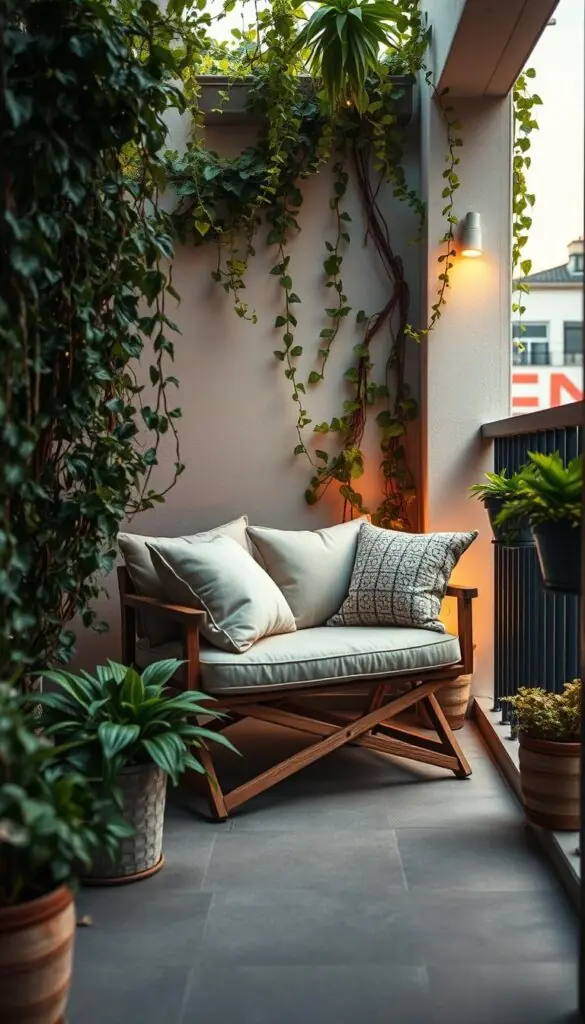 A cozy nook on a small balcony, featuring a compact, foldable settee adorned with plush cushions. The settee is positioned against a backdrop of lush greenery, with trailing vines and potted plants creating a serene, nature-inspired ambiance. Warm, soft lighting illuminates the scene, casting a gentle glow and inviting the viewer to relax and unwind. The composition emphasizes the efficient use of space, showcasing how a versatile, space-saving seating solution can transform a limited outdoor area into a charming and functional retreat. A cozy nook on a small balcony, featuring a compact, foldable settee adorned with plush cushions. The settee is positioned against a backdrop of lush greenery, with trailing vines and potted plants creating a serene, nature-inspired ambiance. Warm, soft lighting illuminates the scene, casting a gentle glow and inviting the viewer to relax and unwind. The composition emphasizes the efficient use of space, showcasing how a versatile, space-saving seating solution can transform a limited outdoor area into a charming and functional retreat.