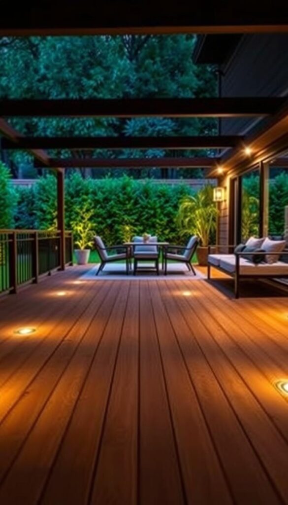 A cozy outdoor deck illuminated by a warm, ambient glow emanating from strategically placed recessed lighting beneath the wooden planks. The soft, diffused light casts a gentle, inviting luminance onto the surface, creating a welcoming and relaxing atmosphere. The middle ground features elegant, contemporary patio furniture arranged in a comfortable seating area, while the background depicts a lush, verdant garden backdrop, adding a sense of natural tranquility. The overall scene conveys a harmonious blend of modern design and natural elements, perfectly suited for an evening of relaxation and al fresco dining. A cozy outdoor deck illuminated by a warm, ambient glow emanating from strategically placed recessed lighting beneath the wooden planks. The soft, diffused light casts a gentle, inviting luminance onto the surface, creating a welcoming and relaxing atmosphere. The middle ground features elegant, contemporary patio furniture arranged in a comfortable seating area, while the background depicts a lush, verdant garden backdrop, adding a sense of natural tranquility. The overall scene conveys a harmonious blend of modern design and natural elements, perfectly suited for an evening of relaxation and al fresco dining.