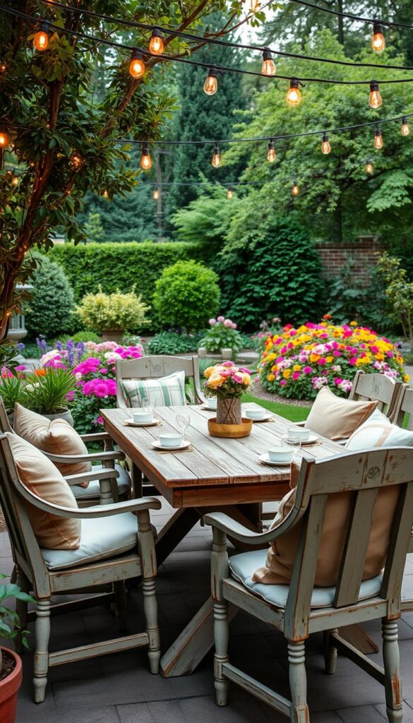 A cozy outdoor dining area nestled in a lush backyard, featuring a rustic wooden table with distressed chairs arranged around it. Soft ambient lighting casts a warm glow, with strings of market lights overhead casting a gentle illumination. Plush cushions and throw pillows in muted earth tones adorn the chairs, inviting comfort and relaxation. In the background, a well-manicured garden with vibrant flowers and verdant foliage creates a serene, natural backdrop. The scene evokes a sense of everyday elegance, perfect for casual gatherings or quiet moments of respite. A cozy outdoor dining area nestled in a lush backyard, featuring a rustic wooden table with distressed chairs arranged around it. Soft ambient lighting casts a warm glow, with strings of market lights overhead casting a gentle illumination. Plush cushions and throw pillows in muted earth tones adorn the chairs, inviting comfort and relaxation. In the background, a well-manicured garden with vibrant flowers and verdant foliage creates a serene, natural backdrop. The scene evokes a sense of everyday elegance, perfect for casual gatherings or quiet moments of respite.