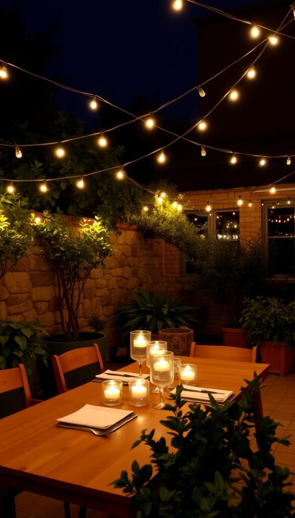 A cozy outdoor dining scene bathed in a warm, inviting glow. In the foreground, a wooden table adorned with a simple yet elegant table setting, complete with glimmering glassware and candles casting a soft, flickering light. Lush greenery in planters and potted plants surround the dining area, creating a secluded, intimate atmosphere. String lights crisscross overhead, their soft, twinkling illumination cascading down, casting a magical ambiance across the scene. In the background, a stone or brick wall adds a touch of rustic charm, while the night sky peeks through, hinting at the tranquil, starry night beyond. A cozy outdoor dining scene bathed in a warm, inviting glow. In the foreground, a wooden table adorned with a simple yet elegant table setting, complete with glimmering glassware and candles casting a soft, flickering light. Lush greenery in planters and potted plants surround the dining area, creating a secluded, intimate atmosphere. String lights crisscross overhead, their soft, twinkling illumination cascading down, casting a magical ambiance across the scene. In the background, a stone or brick wall adds a touch of rustic charm, while the night sky peeks through, hinting at the tranquil, starry night beyond.
