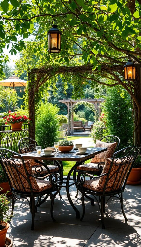 A cozy outdoor dining set nestled in a lush, sun-dappled garden. Weathered wood table and chairs with plush, patterned cushions invite leisurely alfresco meals. Trailing vines and potted blooms adorn the wrought-iron frame, creating a charming, rustic ambiance. Warm, soft lighting from lanterns and string lights casts a welcoming glow, while a distant gazebo or trellis provides a subtle backdrop. Dappled shadows dance across the scene, captured by a wide-angle lens to showcase the entire setting. This inviting tableau evokes the perfect balance of comfort, style, and nature for memorable outdoor dining experiences. A cozy outdoor dining set nestled in a lush, sun-dappled garden. Weathered wood table and chairs with plush, patterned cushions invite leisurely alfresco meals. Trailing vines and potted blooms adorn the wrought-iron frame, creating a charming, rustic ambiance. Warm, soft lighting from lanterns and string lights casts a welcoming glow, while a distant gazebo or trellis provides a subtle backdrop. Dappled shadows dance across the scene, captured by a wide-angle lens to showcase the entire setting. This inviting tableau evokes the perfect balance of comfort, style, and nature for memorable outdoor dining experiences.