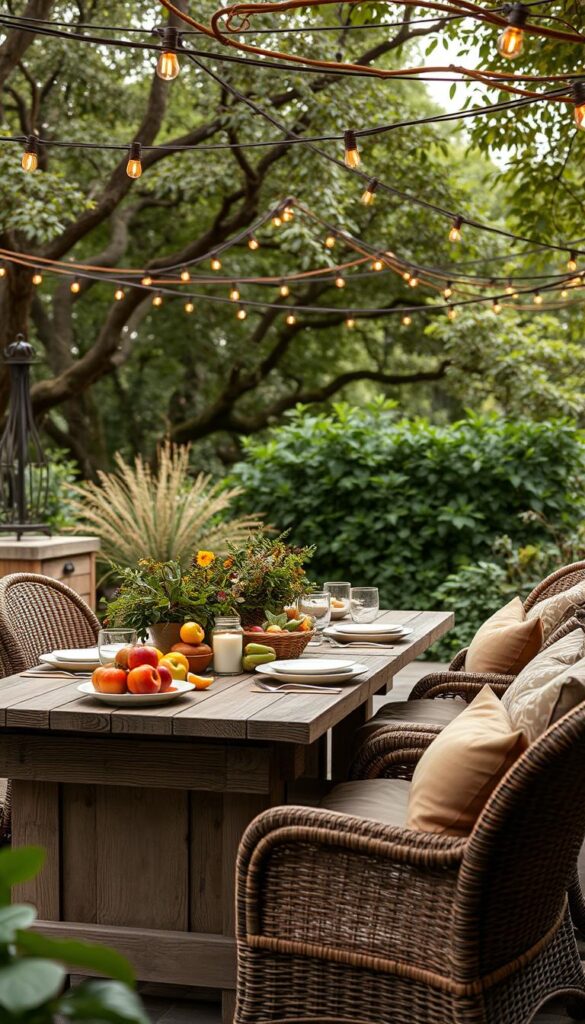 A cozy outdoor dining setting on a lush, tree-lined patio. In the foreground, a weathered wooden table is set with artisanal dinnerware and an abundance of fresh seasonal produce. Overhead, a canopy of twinkling string lights casts a warm, inviting glow. In the middle ground, plush wicker chairs surround the table, adorned with plump cushions in earthy tones. The background features a backdrop of verdant foliage, hinting at the idyllic, secluded nature of this alfresco oasis. The lighting is soft and diffused, creating an intimate, relaxed atmosphere perfect for year-round gatherings. A cozy outdoor dining setting on a lush, tree-lined patio. In the foreground, a weathered wooden table is set with artisanal dinnerware and an abundance of fresh seasonal produce. Overhead, a canopy of twinkling string lights casts a warm, inviting glow. In the middle ground, plush wicker chairs surround the table, adorned with plump cushions in earthy tones. The background features a backdrop of verdant foliage, hinting at the idyllic, secluded nature of this alfresco oasis. The lighting is soft and diffused, creating an intimate, relaxed atmosphere perfect for year-round gatherings.