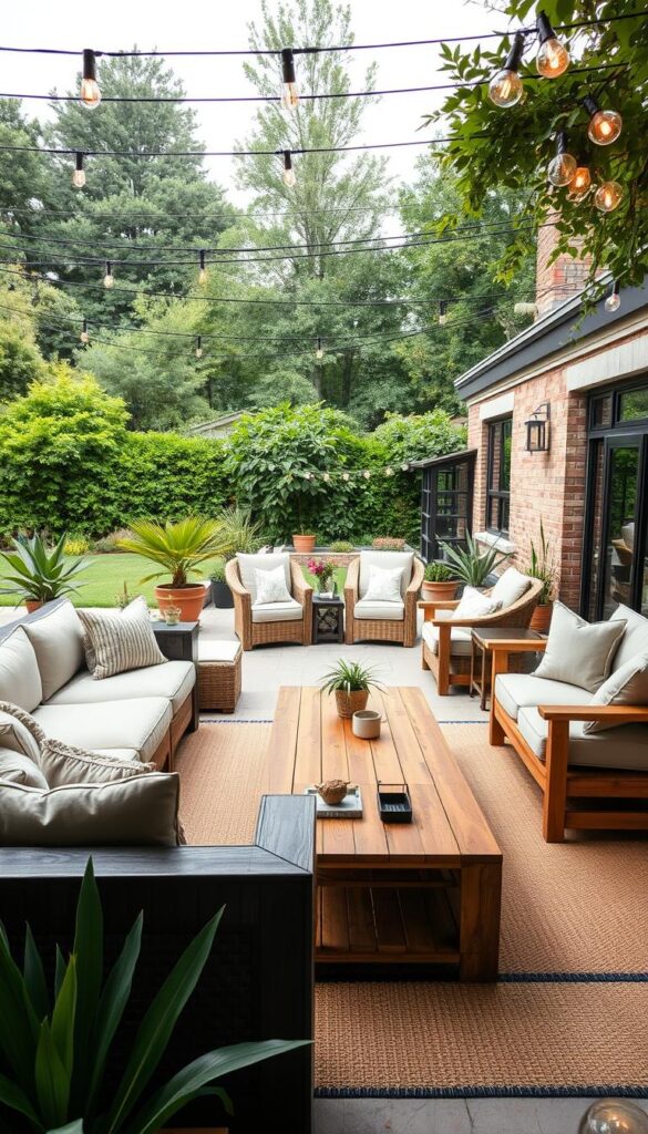 A cozy outdoor lounge area with durable, high-quality furniture arranged in a harmonious layout. In the foreground, a plush, weatherproof sectional sofa with neutral tones and soft, inviting cushions. In the middle ground, a sturdy wooden coffee table and matching side tables, finished with a rustic, natural look. Behind them, a pair of comfortable armchairs in a complementary style, positioned to create an intimate conversational setting. Overhead, string lights cast a warm, ambient glow, while potted plants and greenery add pops of color and a natural, relaxing ambiance. The scene is framed by a lush, verdant backyard landscape, creating a serene and inviting outdoor retreat.