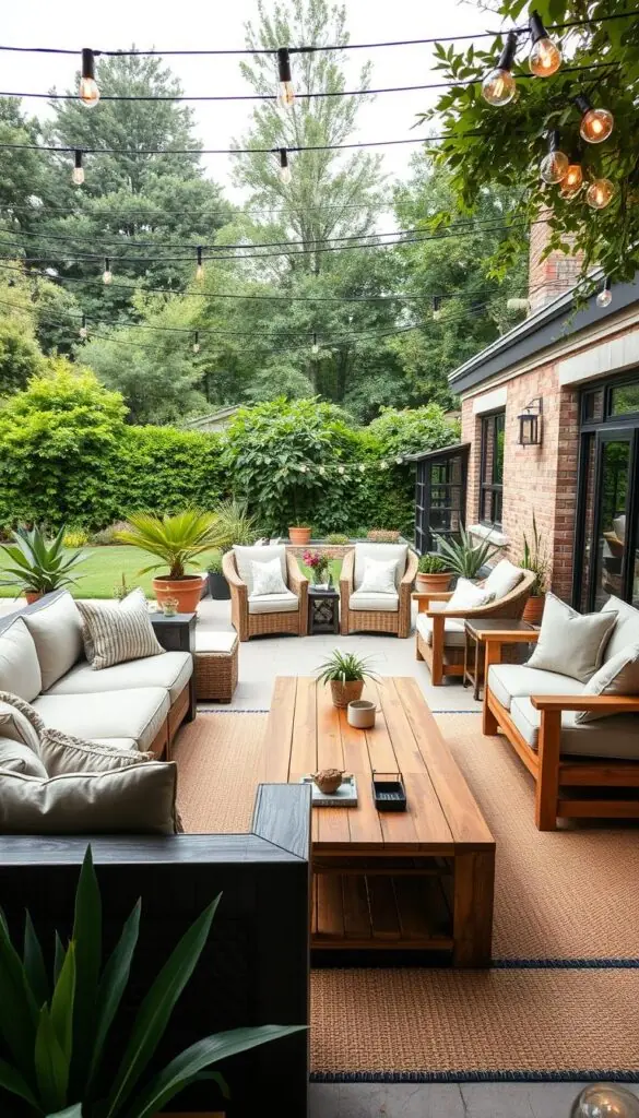 A cozy outdoor lounge area with durable, high-quality furniture arranged in a harmonious layout. In the foreground, a plush, weatherproof sectional sofa with neutral tones and soft, inviting cushions. In the middle ground, a sturdy wooden coffee table and matching side tables, finished with a rustic, natural look. Behind them, a pair of comfortable armchairs in a complementary style, positioned to create an intimate conversational setting. Overhead, string lights cast a warm, ambient glow, while potted plants and greenery add pops of color and a natural, relaxing ambiance. The scene is framed by a lush, verdant backyard landscape, creating a serene and inviting outdoor retreat. A cozy outdoor lounge area with durable, high-quality furniture arranged in a harmonious layout. In the foreground, a plush, weatherproof sectional sofa with neutral tones and soft, inviting cushions. In the middle ground, a sturdy wooden coffee table and matching side tables, finished with a rustic, natural look. Behind them, a pair of comfortable armchairs in a complementary style, positioned to create an intimate conversational setting. Overhead, string lights cast a warm, ambient glow, while potted plants and greenery add pops of color and a natural, relaxing ambiance. The scene is framed by a lush, verdant backyard landscape, creating a serene and inviting outdoor retreat.