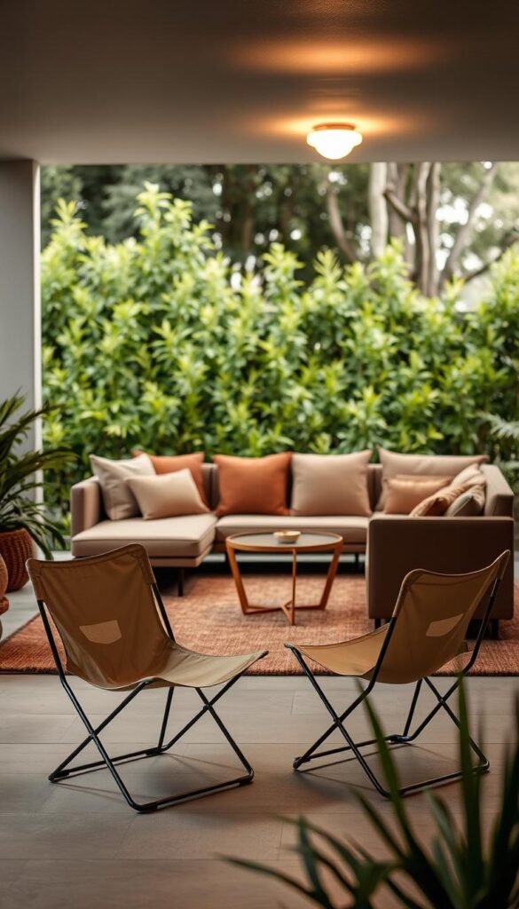 A cozy outdoor lounge area with low-slung, multi-purpose furniture. In the foreground, a pair of minimalist, foldable chairs in a neutral tone, their clean lines and compact design creating a sense of visual lightness. In the middle ground, a modular sofa system with plush, earthy-toned cushions, inviting relaxation. Behind it, a small side table with a sleek, wood-and-metal frame, serving as both a surface and sculptural element. Overhead, a soft, diffused lighting casts a warm glow, enhancing the intimate, welcoming atmosphere. The scene is set against a backdrop of lush greenery, blurring the boundaries between indoor and outdoor living. A cozy outdoor lounge area with low-slung, multi-purpose furniture. In the foreground, a pair of minimalist, foldable chairs in a neutral tone, their clean lines and compact design creating a sense of visual lightness. In the middle ground, a modular sofa system with plush, earthy-toned cushions, inviting relaxation. Behind it, a small side table with a sleek, wood-and-metal frame, serving as both a surface and sculptural element. Overhead, a soft, diffused lighting casts a warm glow, enhancing the intimate, welcoming atmosphere. The scene is set against a backdrop of lush greenery, blurring the boundaries between indoor and outdoor living.