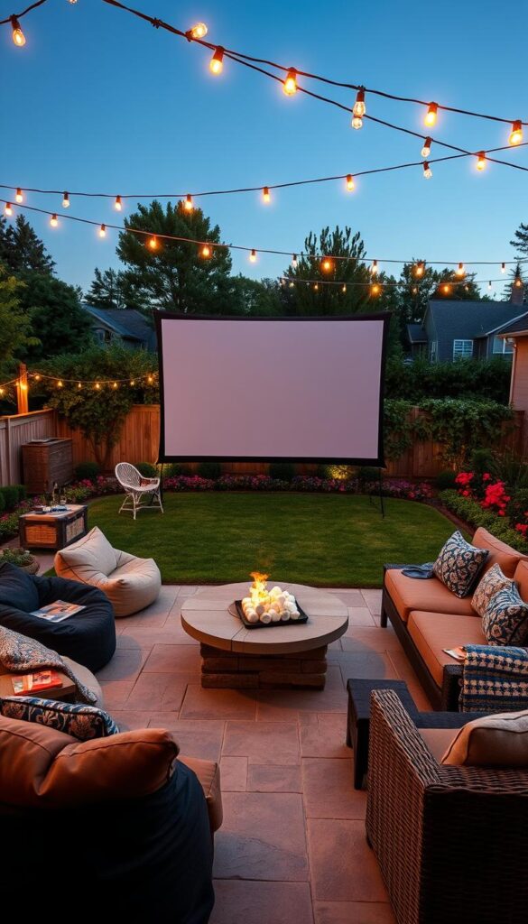 A cozy outdoor movie night in a lush backyard oasis. A large, high-quality projection screen stands prominently, surrounded by plush seating options - inviting bean bags, comfy lounge chairs, and a wicker sectional. Warm string lights crisscross overhead, casting a gentle glow. In the middle ground, a stone patio with a fire pit and s'mores station creates a focal point for gathering. The background features a neatly trimmed lawn, vibrant flower beds, and a fence adorned with climbing vines. The overall atmosphere is relaxed, enchanting, and conducive to an evening of cinematic delight under the stars. A cozy outdoor movie night in a lush backyard oasis. A large, high-quality projection screen stands prominently, surrounded by plush seating options - inviting bean bags, comfy lounge chairs, and a wicker sectional. Warm string lights crisscross overhead, casting a gentle glow. In the middle ground, a stone patio with a fire pit and s'mores station creates a focal point for gathering. The background features a neatly trimmed lawn, vibrant flower beds, and a fence adorned with climbing vines. The overall atmosphere is relaxed, enchanting, and conducive to an evening of cinematic delight under the stars.