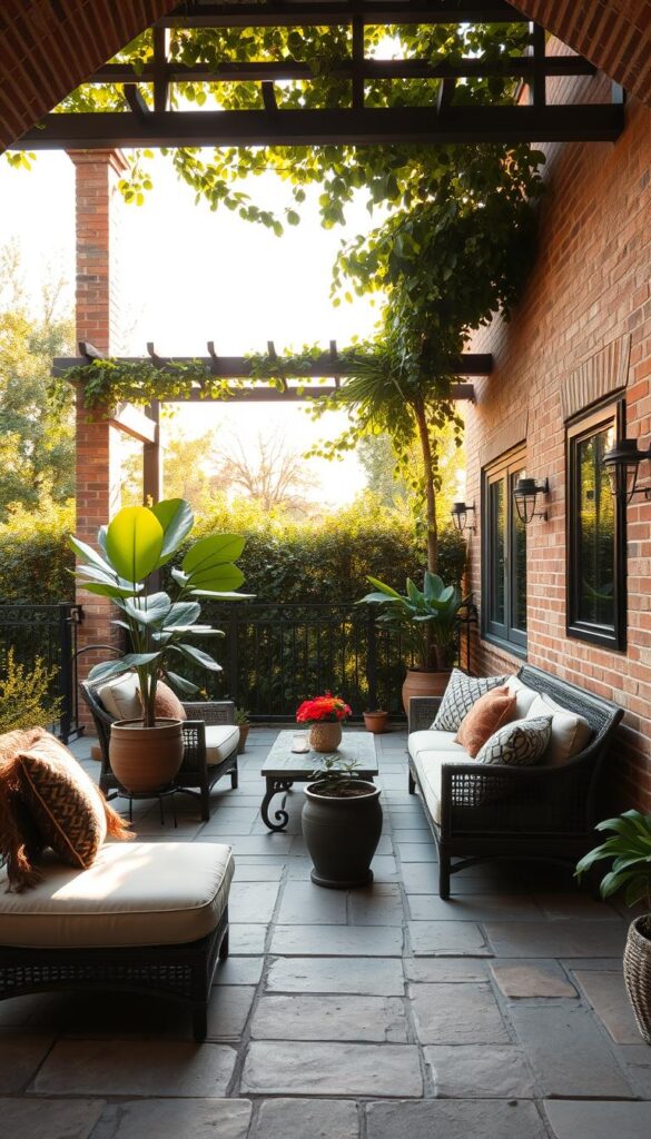 A cozy outdoor patio with a seamless flow between indoor and outdoor living spaces. The patio features a well-curated arrangement of comfortable seating, a large potted plant, and a small table, all bathed in warm, natural light filtering through a trellis overhead. The patio's stone flooring and exposed brick walls create a rustic, yet refined ambiance, inviting relaxation and leisurely conversations. The scene is photographed from a slightly elevated angle, capturing the harmonious integration of this intimate outdoor oasis with the surrounding lush, green landscape. A cozy outdoor patio with a seamless flow between indoor and outdoor living spaces. The patio features a well-curated arrangement of comfortable seating, a large potted plant, and a small table, all bathed in warm, natural light filtering through a trellis overhead. The patio's stone flooring and exposed brick walls create a rustic, yet refined ambiance, inviting relaxation and leisurely conversations. The scene is photographed from a slightly elevated angle, capturing the harmonious integration of this intimate outdoor oasis with the surrounding lush, green landscape.