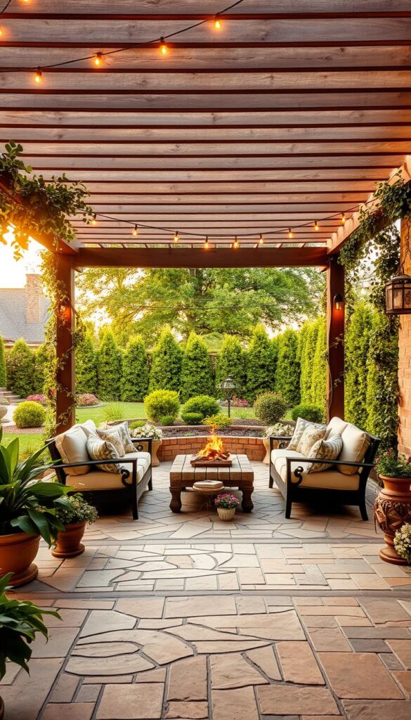 A cozy outdoor patio with a warm, inviting atmosphere. The foreground features a well-designed stone or brick floor, with intricate patterns and textures. In the middle ground, comfortable patio furniture, including a plush sofa and armchairs, is arranged around a central firepit or coffee table. Overhead, a slatted wood pergola or trellis creates a natural "ceiling," casting soft, dappled sunlight across the space. Lush potted plants, hanging vines, and string lights add to the intimate, relaxing ambiance. The background showcases a verdant, well-manicured backyard, with towering trees and shrubs providing a sense of privacy and enclosure. Warm, golden lighting bathes the scene, creating a cozy, welcoming mood perfect for intimate gatherings or quiet contemplation.