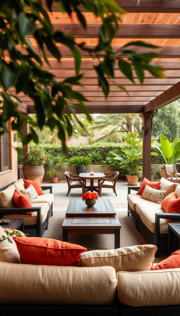 A cozy outdoor patio with plush, comfortable seating arrangements. In the foreground, an inviting sectional sofa with soft cushions and vibrant throw pillows, arranged in a u-shape configuration. In the middle ground, a low wooden coffee table surrounded by matching armchairs and side tables. Overhead, a pergola structure casts a warm, diffused light, creating a relaxing ambiance. In the background, lush greenery and potted plants frame the scene, with a gentle breeze rustling the leaves. The overall atmosphere is one of laid-back elegance, perfect for lounging, dining, or casual gatherings. A cozy outdoor patio with plush, comfortable seating arrangements. In the foreground, an inviting sectional sofa with soft cushions and vibrant throw pillows, arranged in a u-shape configuration. In the middle ground, a low wooden coffee table surrounded by matching armchairs and side tables. Overhead, a pergola structure casts a warm, diffused light, creating a relaxing ambiance. In the background, lush greenery and potted plants frame the scene, with a gentle breeze rustling the leaves. The overall atmosphere is one of laid-back elegance, perfect for lounging, dining, or casual gatherings.