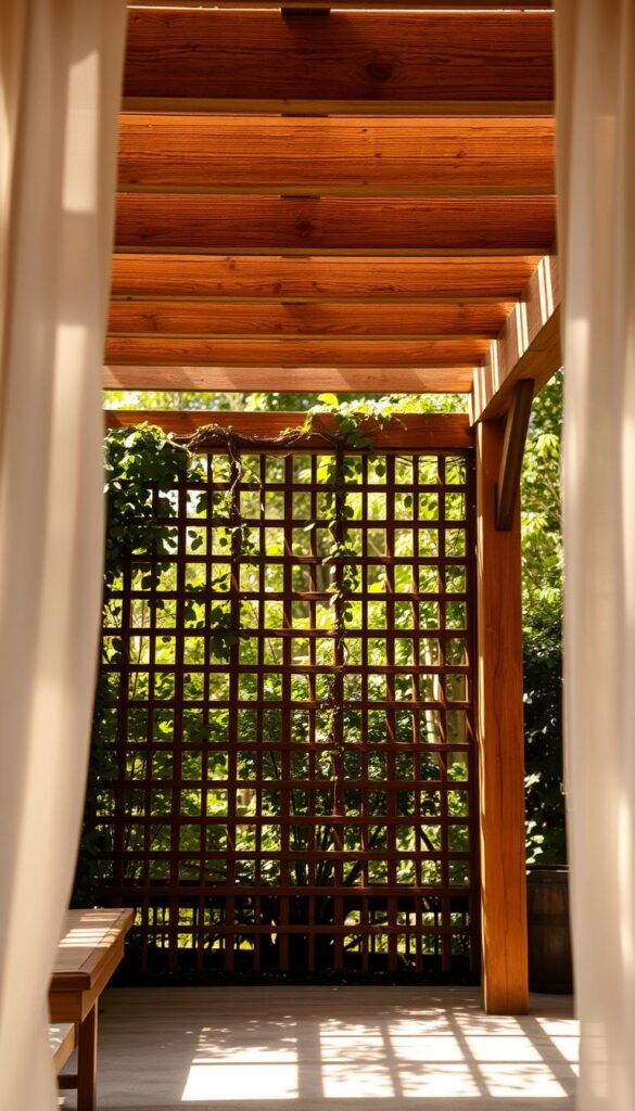 A cozy outdoor retreat with a wooden pergola casting soft shadows. In the foreground, delicate sheer curtains flow gently, offering a sense of privacy and seclusion. The middle ground features a trellis adorned with cascading vines, creating a natural screen. The background is framed by lush greenery, radiating a serene and tranquil atmosphere. Warm, diffused lighting filters through the slats, adding to the intimate and inviting ambiance. Captured with a wide-angle lens, the composition emphasizes the harmonious integration of the architectural elements and the surrounding landscape.