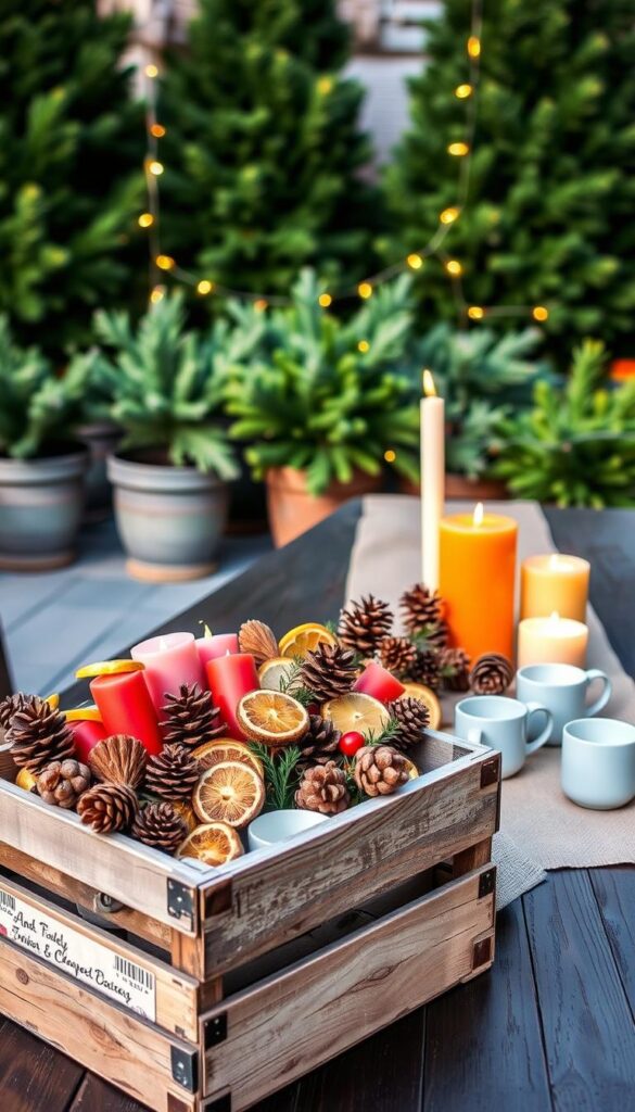 A cozy outdoor scene featuring budget-friendly items that add warmth and charm. In the foreground, a rustic wooden crate overflows with an assortment of vibrant candles, pine cones, and dried citrus slices. In the middle ground, a simple burlap table runner and mismatched vintage mugs create a casual, inviting display. Behind, a backdrop of lush greenery, such as potted evergreen plants and a twinkling string of fairy lights, set the mood for a welcoming winter gathering. Soft, natural lighting casts a gentle glow, emphasizing the organic textures and homespun aesthetic. The overall composition evokes a sense of effortless elegance and casual sophistication.