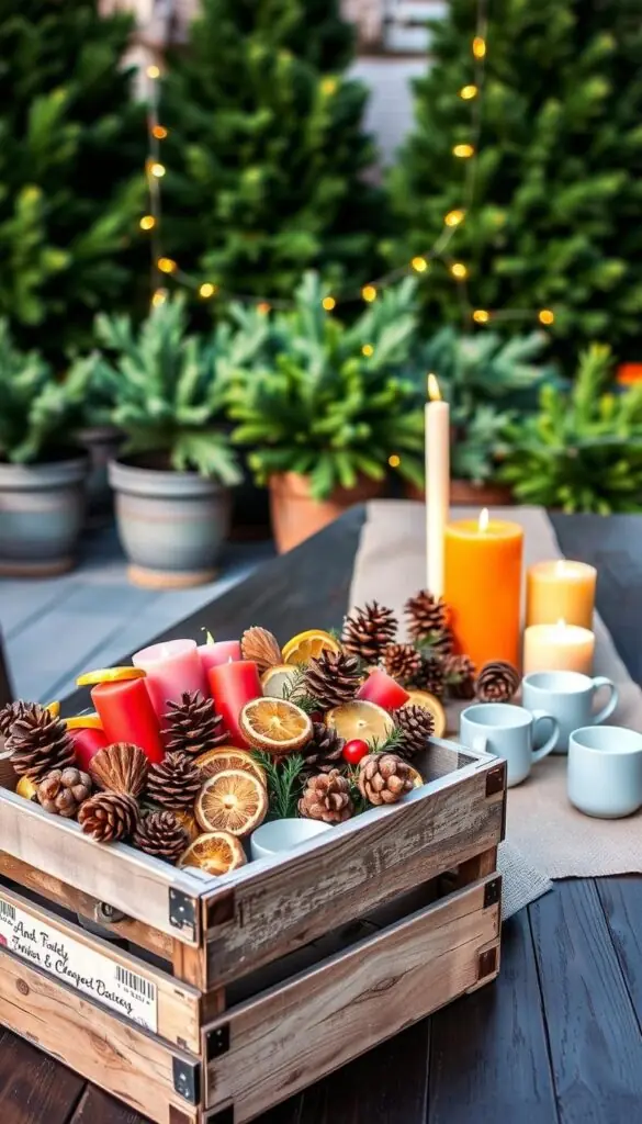 A cozy outdoor scene featuring budget-friendly items that add warmth and charm. In the foreground, a rustic wooden crate overflows with an assortment of vibrant candles, pine cones, and dried citrus slices. In the middle ground, a simple burlap table runner and mismatched vintage mugs create a casual, inviting display. Behind, a backdrop of lush greenery, such as potted evergreen plants and a twinkling string of fairy lights, set the mood for a welcoming winter gathering. Soft, natural lighting casts a gentle glow, emphasizing the organic textures and homespun aesthetic. The overall composition evokes a sense of effortless elegance and casual sophistication.