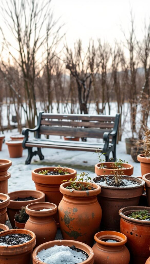 A cozy outdoor scene on a chilly winter day. In the foreground, a collection of various-sized terracotta pots and planters, some with plants still thriving despite the cold. The middle ground shows a wooden garden bench, its surface dusted with a light layer of snow. In the background, a row of bare trees stands against a softly overcast sky, hinting at the impending frost. The lighting is muted and natural, with gentle shadows adding depth and dimension to the composition. The overall mood is one of tranquility and the resilience of nature, inviting the viewer to consider how to protect these delicate containers from the harsh winter elements.