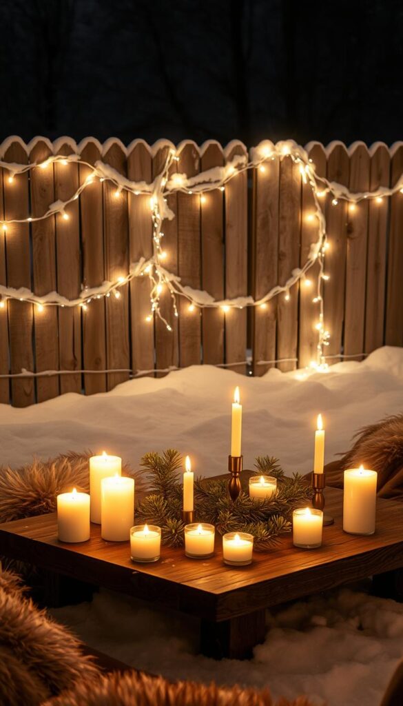 A cozy outdoor scene on a snowy winter night. In the foreground, a collection of flickering candles casts a warm, inviting glow on a rustic wooden table, surrounded by plush fur throws and a few stray evergreen sprigs. In the middle ground, a delicate lattice of fairy lights twinkles and dances, intertwined with wispy strands of silvery garland that reflect the soft light. In the background, a weathered wooden fence is partially obscured by a shimmering layer of freshly fallen snow, creating a serene and peaceful atmosphere. The overall mood is one of intimate, hygge-inspired ambiance, perfect for savoring the simple pleasures of the winter season.
